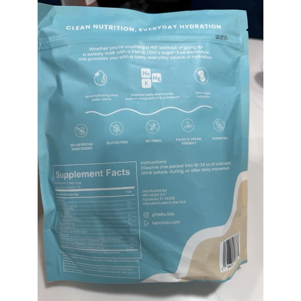 LIDO Lemonade Electrolyte Powder Packets Clean, Zero-Sugar 28 Servings Exp 1/27